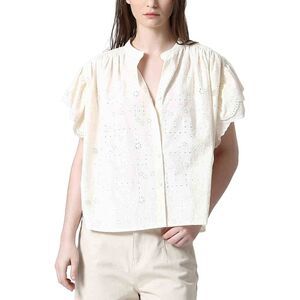 See U Soon Womens Ruffle Sleeve Collared Blouse, Beige